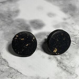 Handcrafted Circle Black W/ Gold Flakes Hypoallergenic Post Stud Earrings NWOT